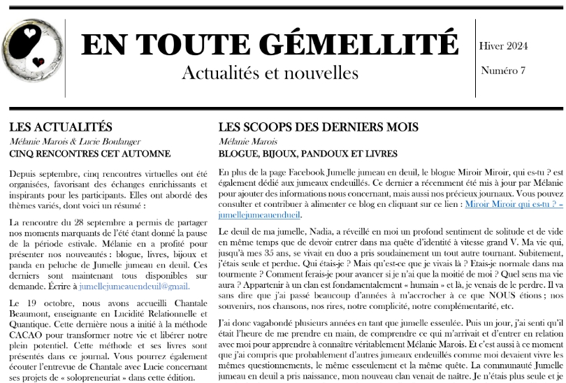 Journal En toute gémellité : Jumelle jumeau en deuil – Miroir Miroir